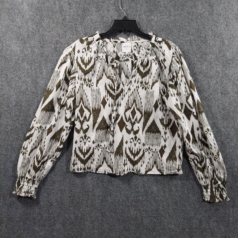 MISA Los Angeles Blouse Womens Medium Green Ikat Ruffle V Neck Long Sleeve Top